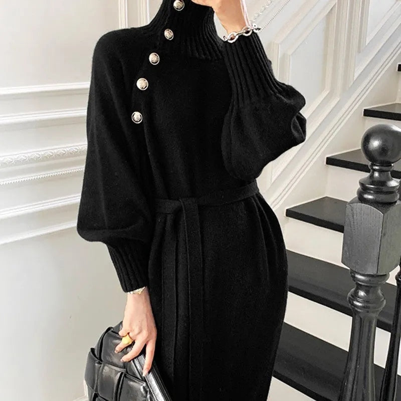 Zoe Side Button Funnel Neck Sweater Dress