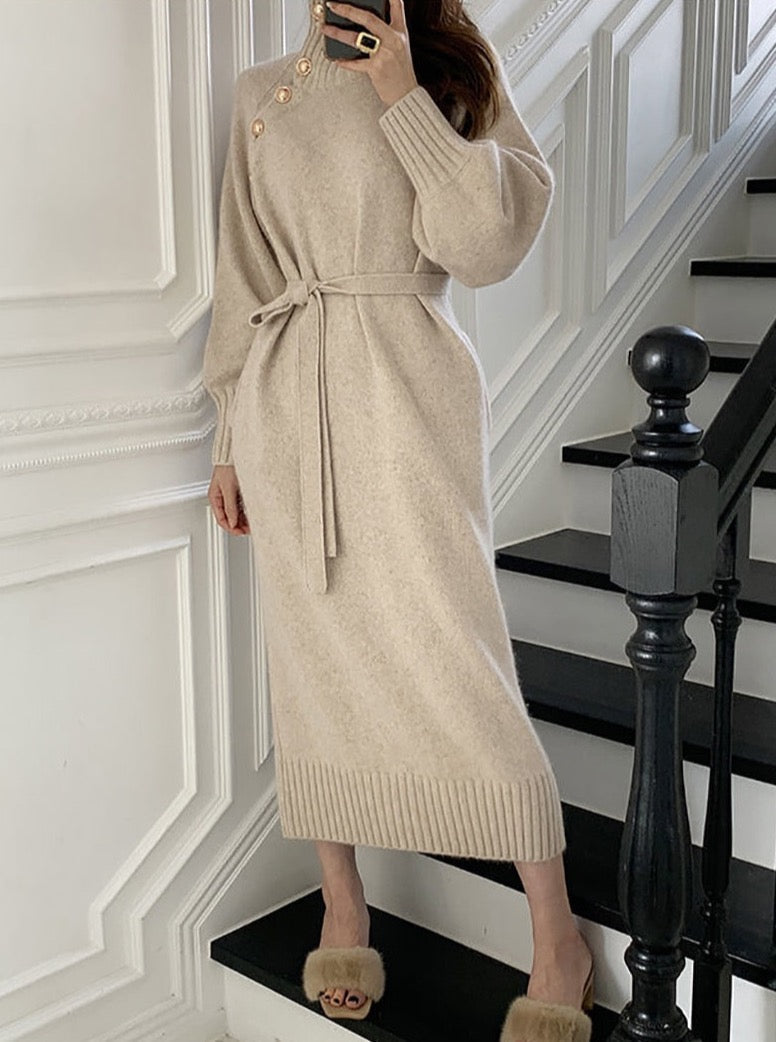 Zoe Side Button Funnel Neck Sweater Dress