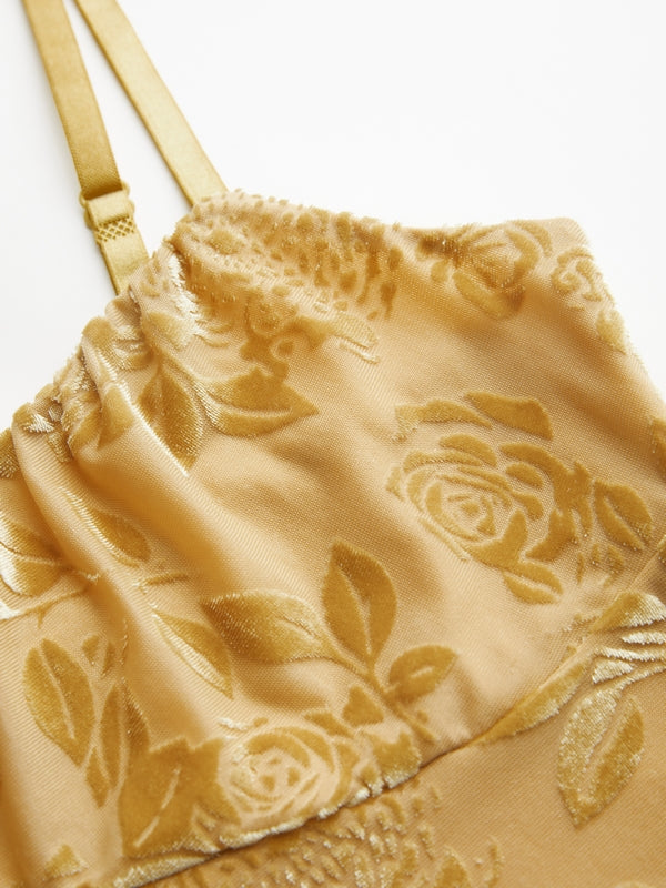 Vintage Velvet Floral Jacquard Cami Top with Bow Decor