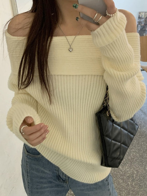 Vintage Solid Color Off Shoulder Sweater