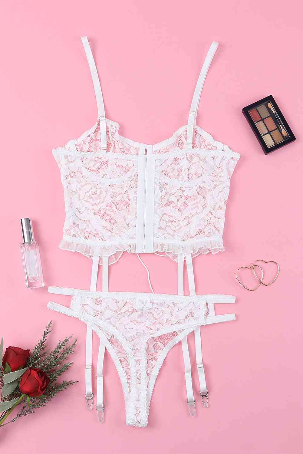 Lace-Up Frill Trim Lingerie Set