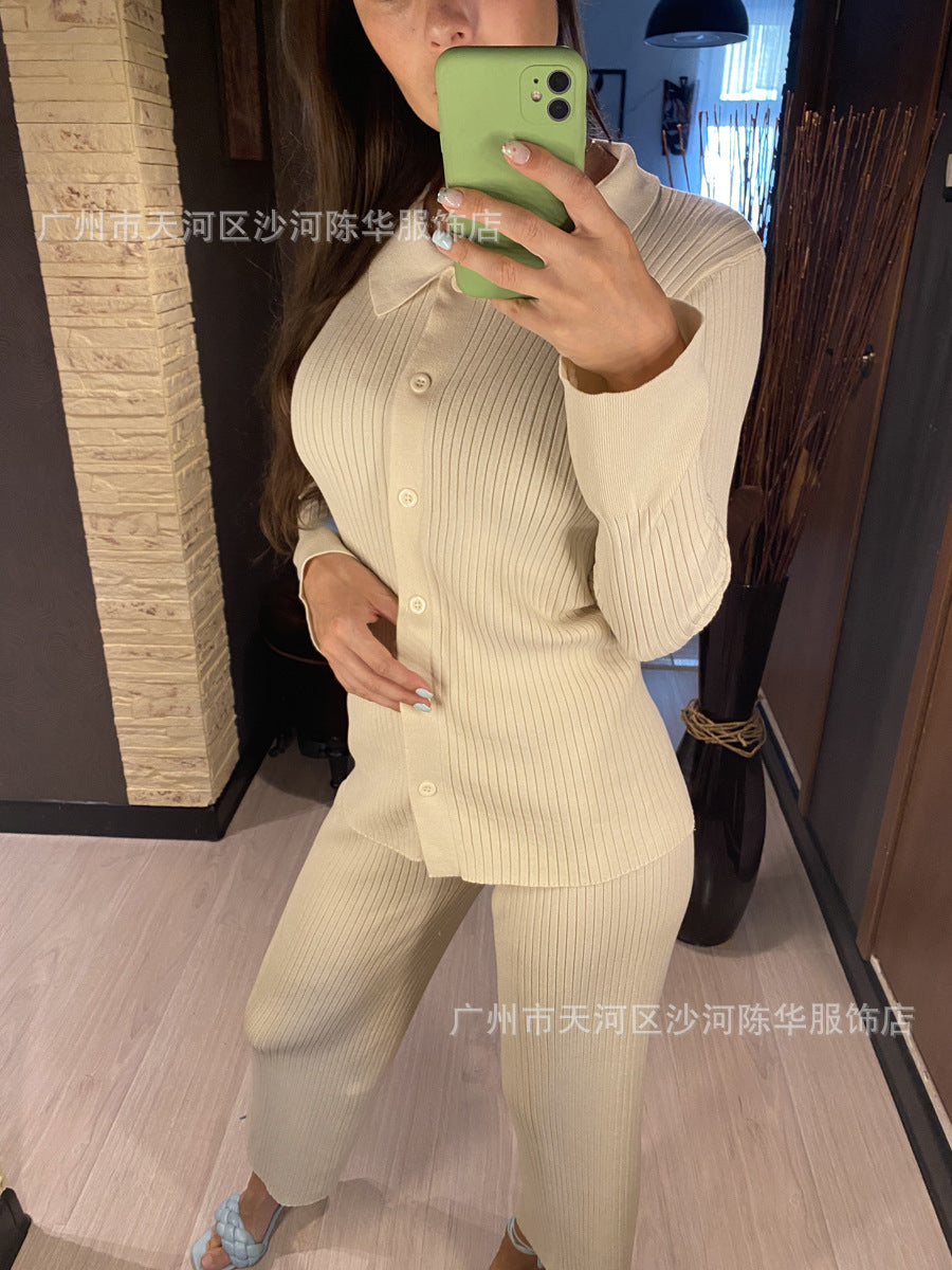 Taruxy OL Homewear Leisure Knitted Suit Women Autumn Long Sleeve Shirts And Wide Legs Pants Suit Casual Two Piece Sets Outfits