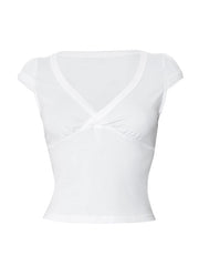 2000s White Short Sleeve Crop Top with V Neck