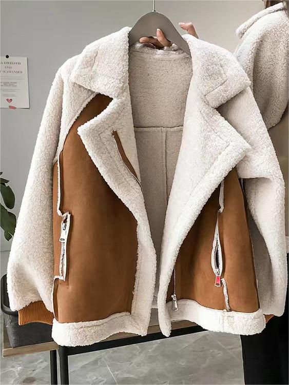 Classic Oversize Vegan Fur Suede Jacket with Lapel Collar