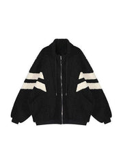 Black Vintage Oversized Faux Shearling Jacket with Stripe