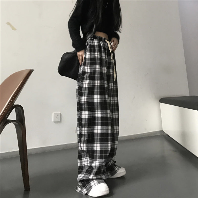 Oversize Women Sweatpants Fashion Black Plaid Casual Pants Baggy Elastic Waist Pockets Student Unisex Hip Hop Loose Trousers