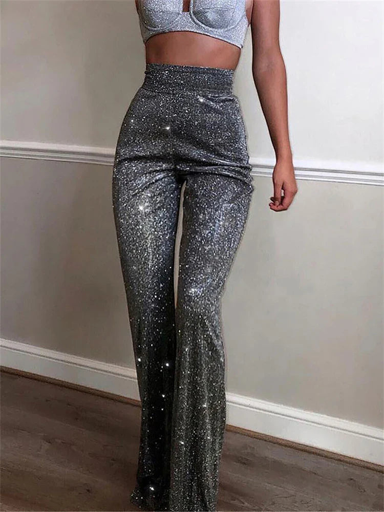 Sliver Glitter High Waist Pants Women Casual Straight Leg Party Night Clubwear Trousers Ladies Fashion Sparkly BottomChristmas Gifts