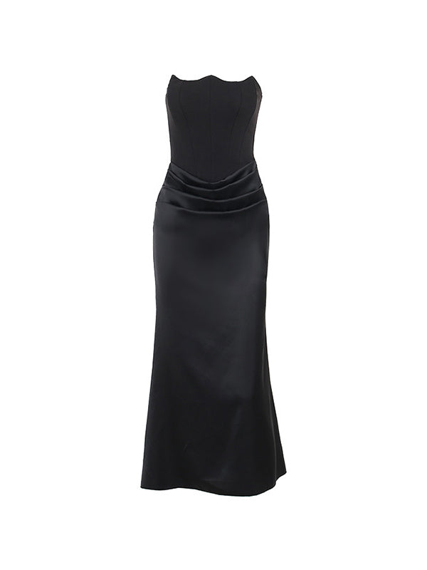 Vintage Satin Bandeau Splice Slim Maxi Dress with Corset Ruched