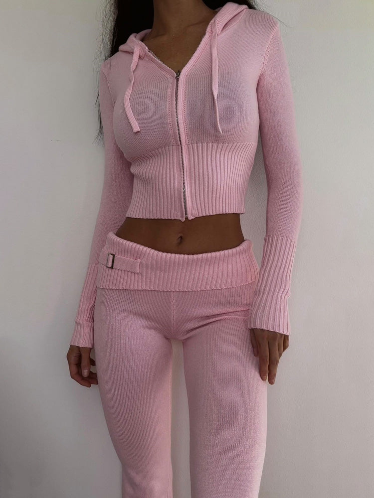 Women Spring Outfits Casual Zipper Sweater Hoodie Set High Waist Flare Pants Suits Pink Knitted Womens Y2k Two Piece SetChristmas Gifts