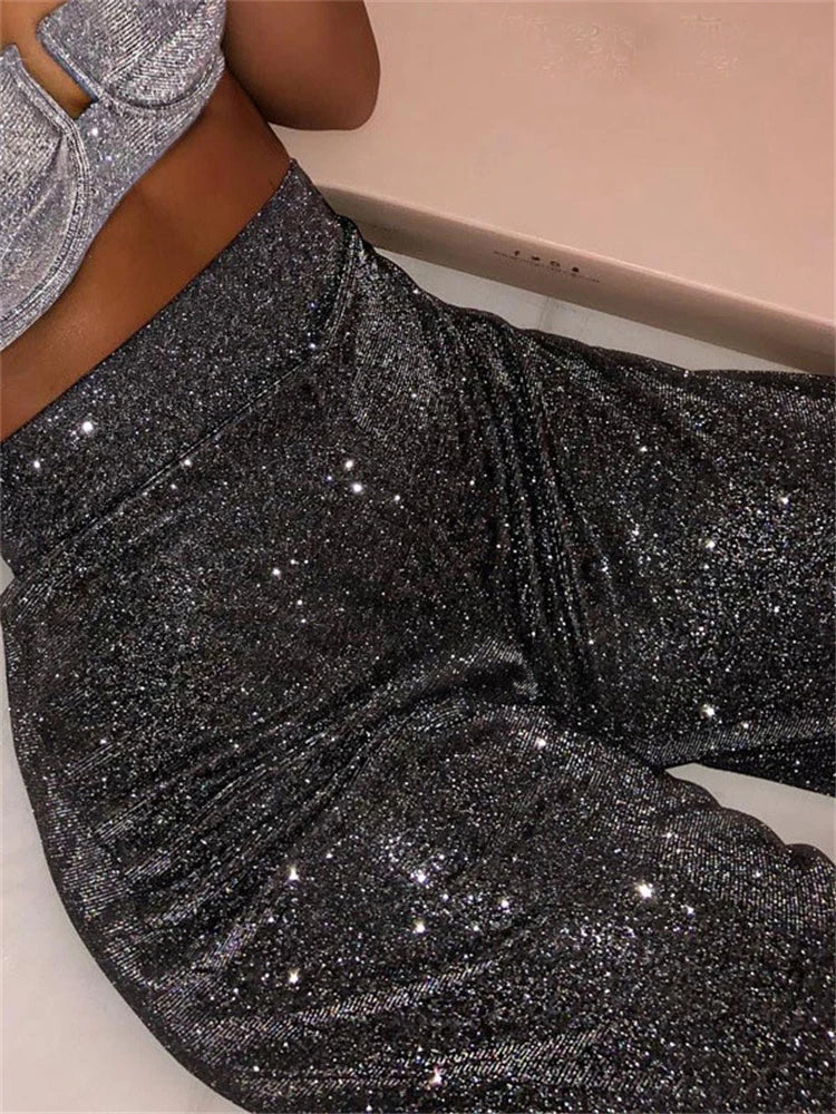 Sliver Glitter High Waist Pants Women Casual Straight Leg Party Night Clubwear Trousers Ladies Fashion Sparkly BottomChristmas Gifts