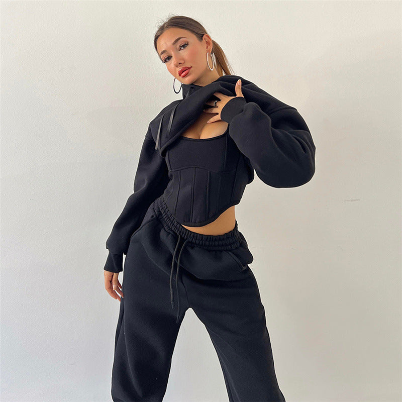 Lace Up Pants Sets Women Slim Solid Splice Tank Tops Woman Long Sleeve Short Hoodies And Pant Suits Women Outfits WinterChristmas Gifts