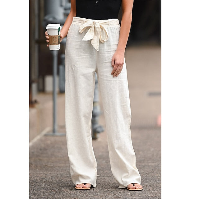 Women's spring autumn casual pants solid color lace casual loose straight trousers