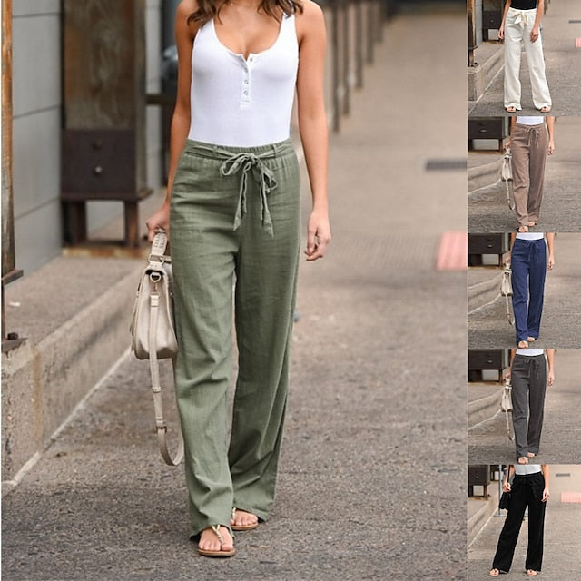 Women's spring autumn casual pants solid color lace casual loose straight trousers