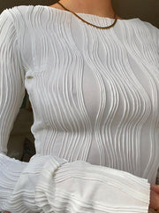 White Long Sleeve Crop Top with Texture Stripes
