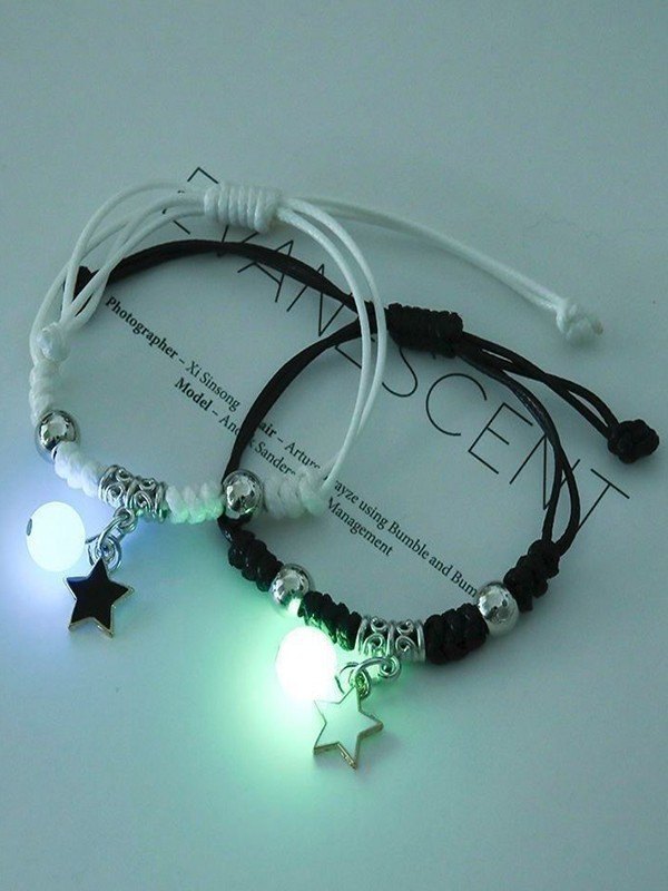 2PCS Black and White Y2K Star Charm Luminous Rope Bracelet