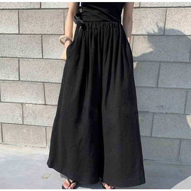 Women's Culottes Wide Leg Linen Pants Pants Trousers Swing Faux Linen Light Gray 4 Black Mid Waist Streetwear Chino Casual Daily Pocket Ankle-Length Soft Plain One-Size