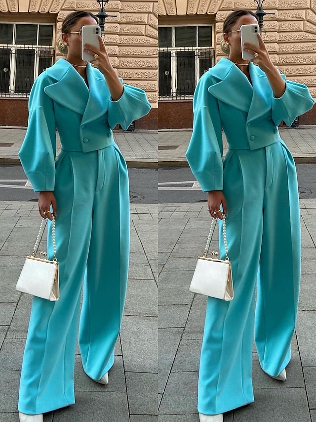 Women's Blazer Office Suit Pants Sets White Pink Sky Blue Solid Color Long Sleeve Work Basic Regular Fit Fall & Winter