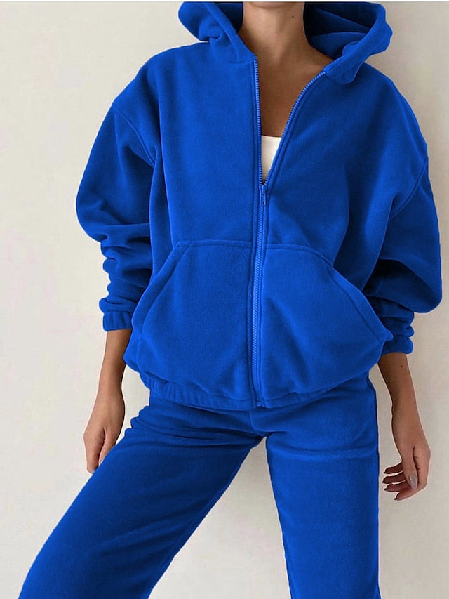 Women's Tracksuit Hoodie Sweatshirt Pants Sets Yellow Wine Blue Solid Color Zipper Long Sleeve Sport Fitness Basic Sherpa Fleece Teddy Hooded Regular Fit Fall & Winter