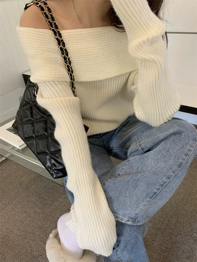 Vintage Solid Color Off Shoulder Sweater