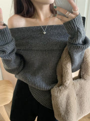 Vintage Solid Color Off Shoulder Sweater