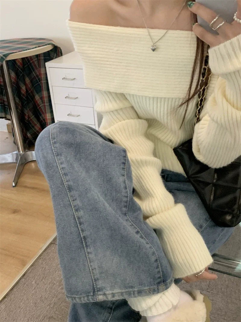 Vintage Solid Color Off Shoulder Sweater