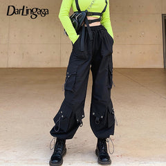 Streetwear Loose Black Cargo Pants Women Drawstring Big Pockets Trousers Baggy High Waist Pants Hip Hop Capri Bottom