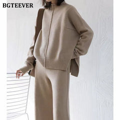 Casual Women Sweater Set O-neck Side Split Pullovers &amp; Wide Leg Pants Autumn Winter 2 Pieces Set Women Knit Set 2022