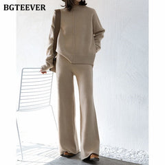 Casual Women Sweater Set O-neck Side Split Pullovers &amp; Wide Leg Pants Autumn Winter 2 Pieces Set Women Knit Set 2022