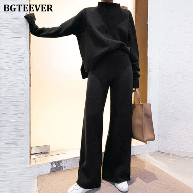 Casual Women Sweater Set O-neck Side Split Pullovers &amp; Wide Leg Pants Autumn Winter 2 Pieces Set Women Knit Set 2022