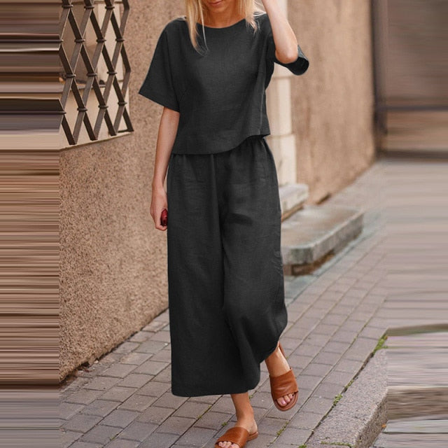 2022 Summer Fashion Two-Piece Sets Lady Cotton Linen O-Neck Short Tops And Wide Leg Pants Solid Suit Women Casual Simple Outfits
