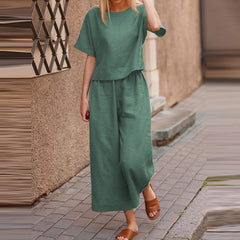 2022 Summer Fashion Two-Piece Sets Lady Cotton Linen O-Neck Short Tops And Wide Leg Pants Solid Suit Women Casual Simple Outfits