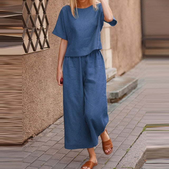 2022 Summer Fashion Two-Piece Sets Lady Cotton Linen O-Neck Short Tops And Wide Leg Pants Solid Suit Women Casual Simple Outfits