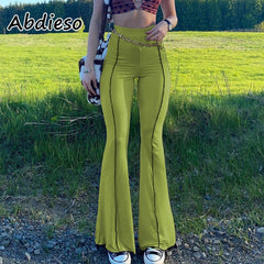 2022 Vintage Y2K Flare Pants Women Summer Green Long Skinny High Waist Pants Brown Autumn Casual Trousers 90s Streetwear