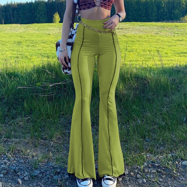 2022 Vintage Y2K Flare Pants Women Summer Green Long Skinny High Waist Pants Brown Autumn Casual Trousers 90s Streetwear