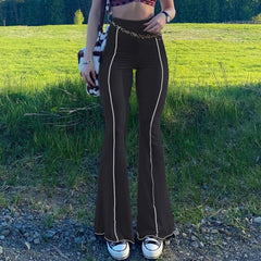 2022 Vintage Y2K Flare Pants Women Summer Green Long Skinny High Waist Pants Brown Autumn Casual Trousers 90s Streetwear