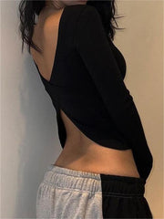 Black Long Sleeve Top with Backless Slit