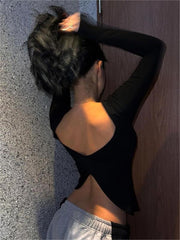 Black Long Sleeve Top with Backless Slit