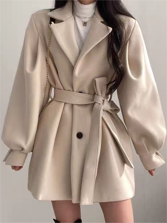 Lapel Collar Puff Sleeve Coat with Belt