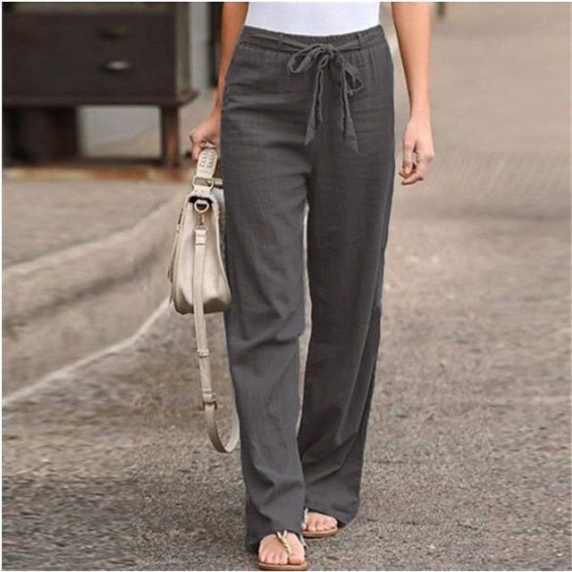 Women's spring autumn casual pants solid color lace casual loose straight trousers