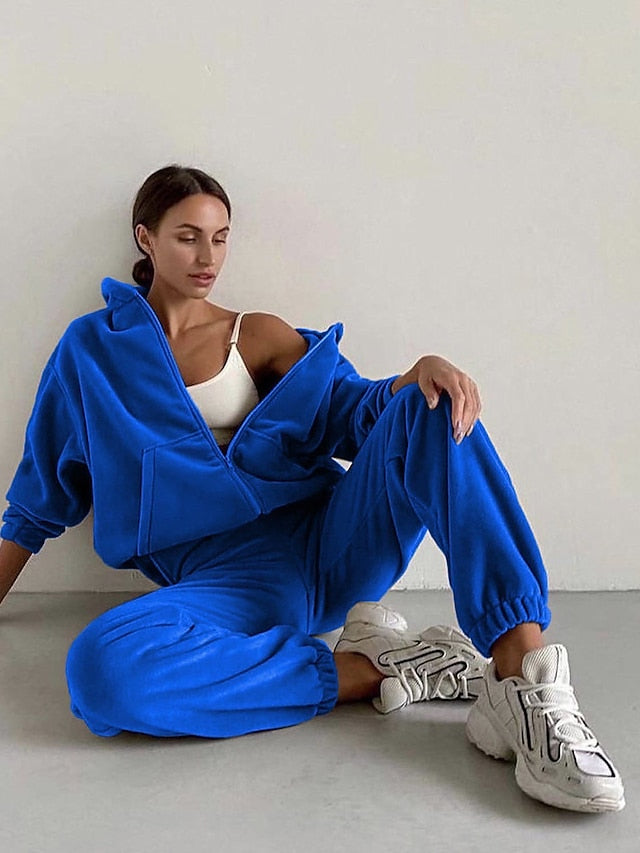 Women's Tracksuit Hoodie Sweatshirt Pants Sets Yellow Wine Blue Solid Color Zipper Long Sleeve Sport Fitness Basic Sherpa Fleece Teddy Hooded Regular Fit Fall & Winter