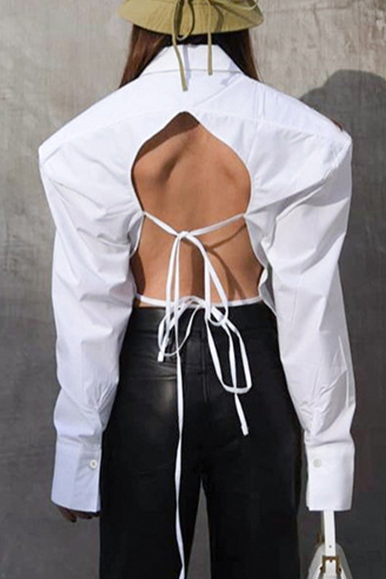 White Backless Lace Up Shoulder Pads Long Sleeve Blouse