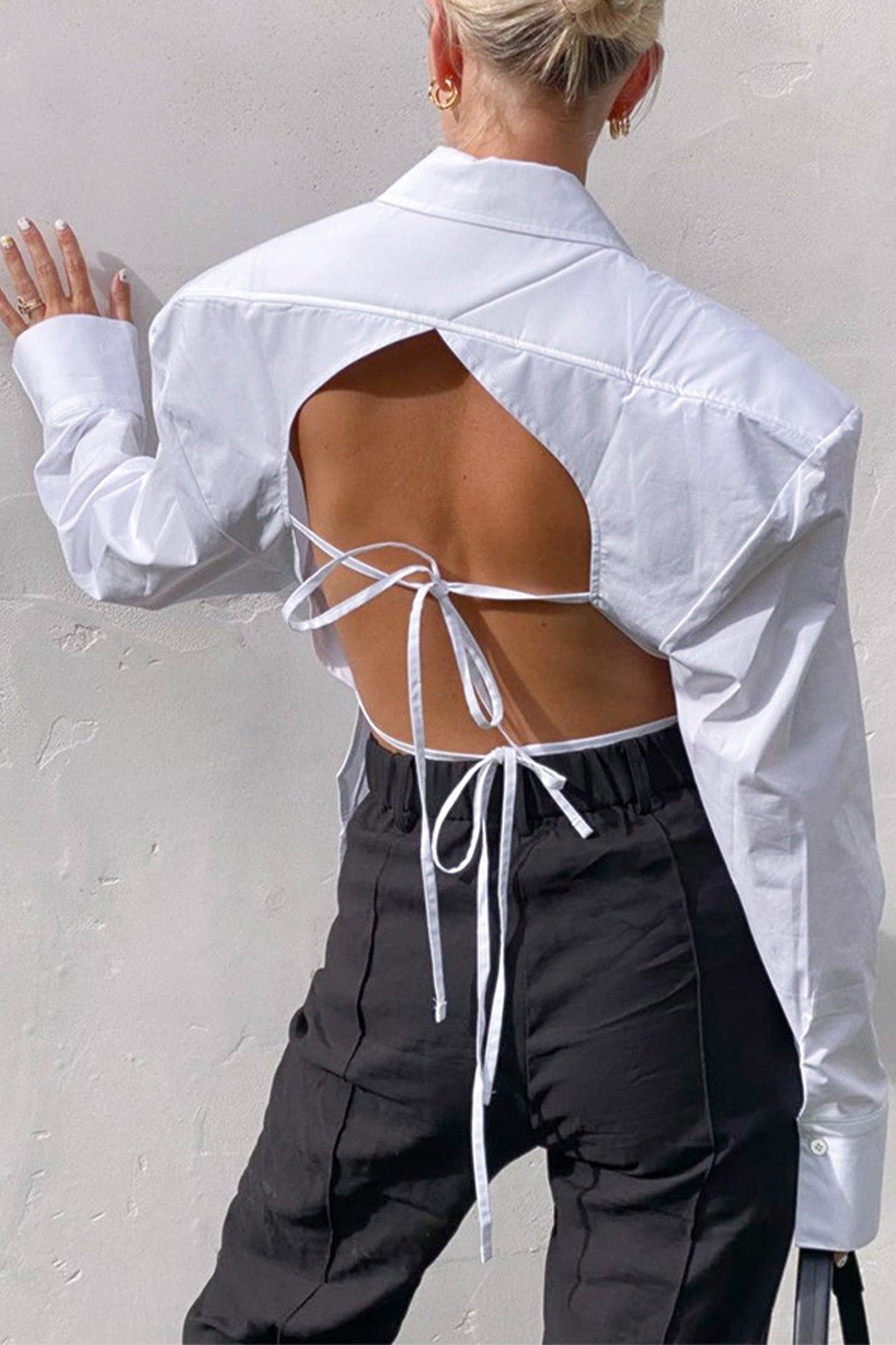 White Backless Lace Up Shoulder Pads Long Sleeve Blouse