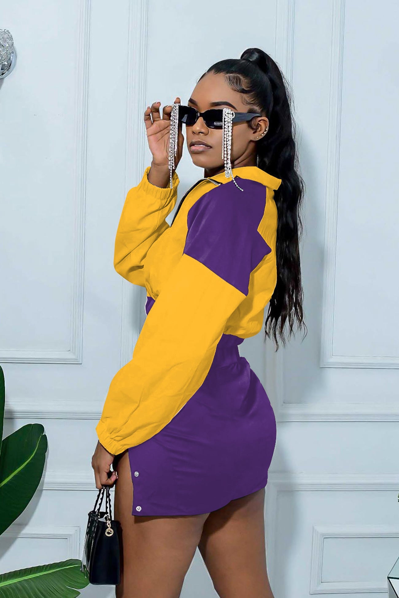 Colorblock Zipper Crop Top Single-breasted Skirt Suits