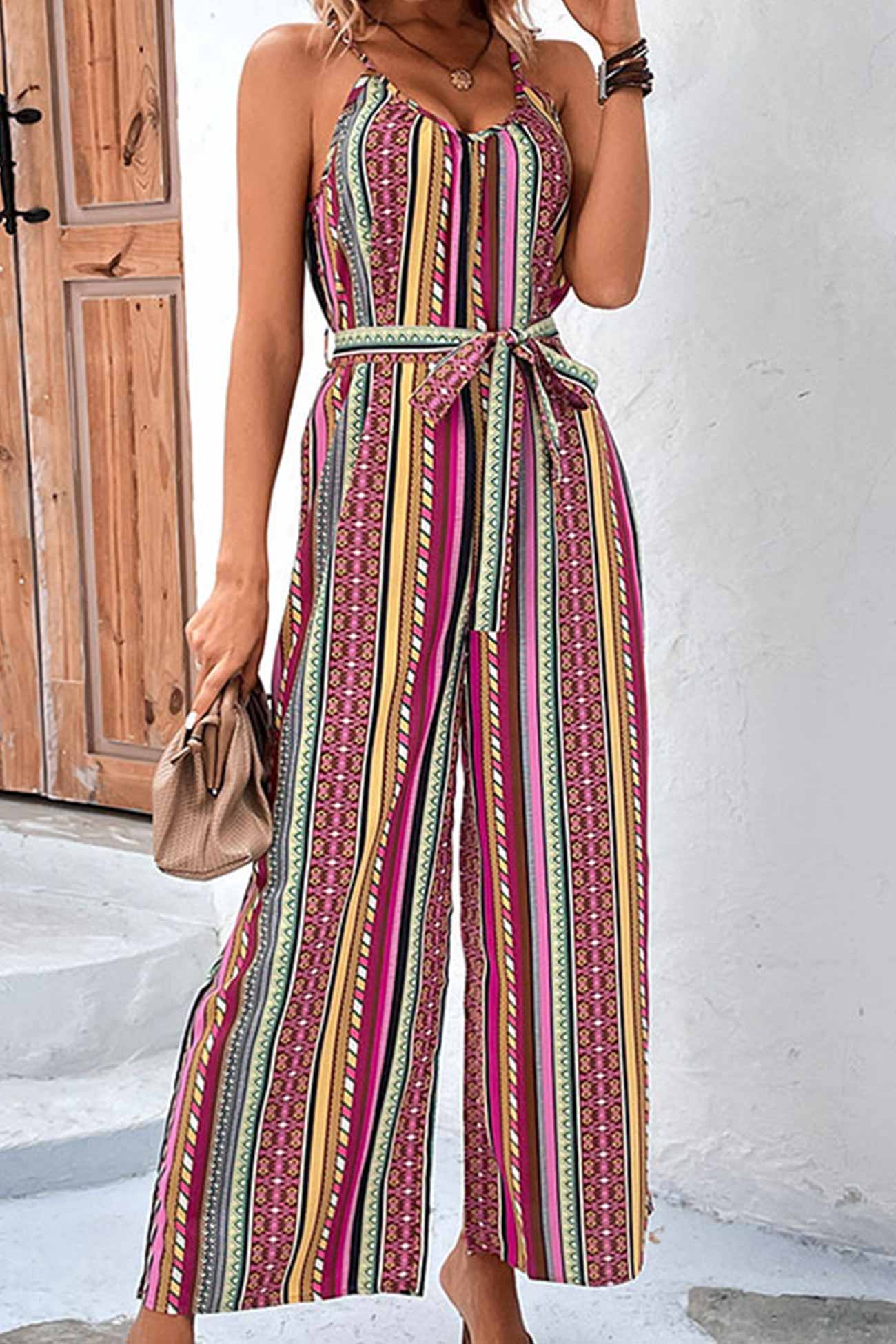 Colorful Striped Tie-waist Jumpsuits