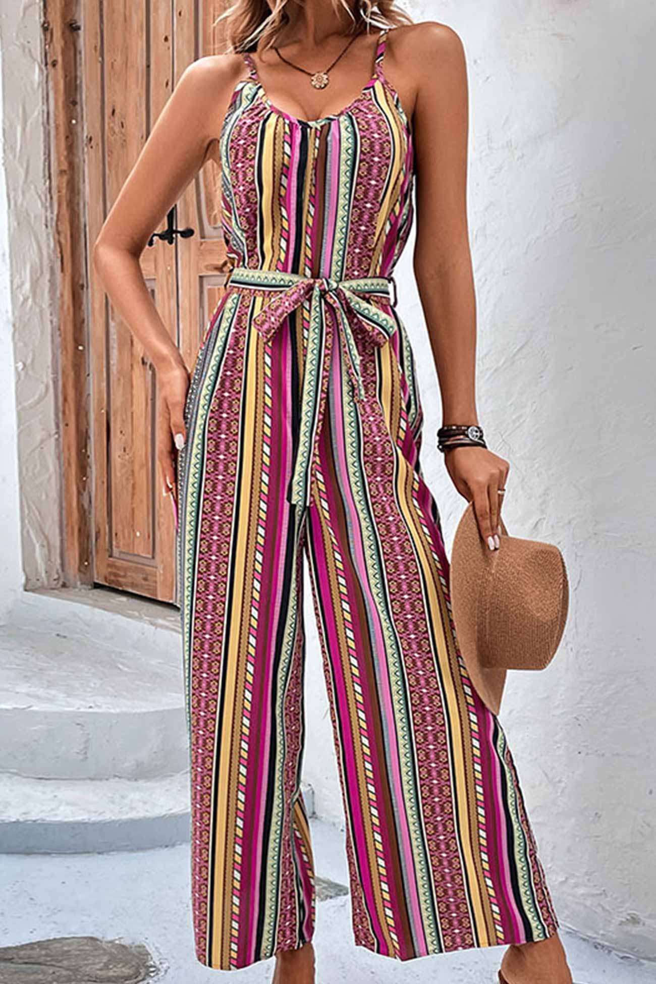 Colorful Striped Tie-waist Jumpsuits