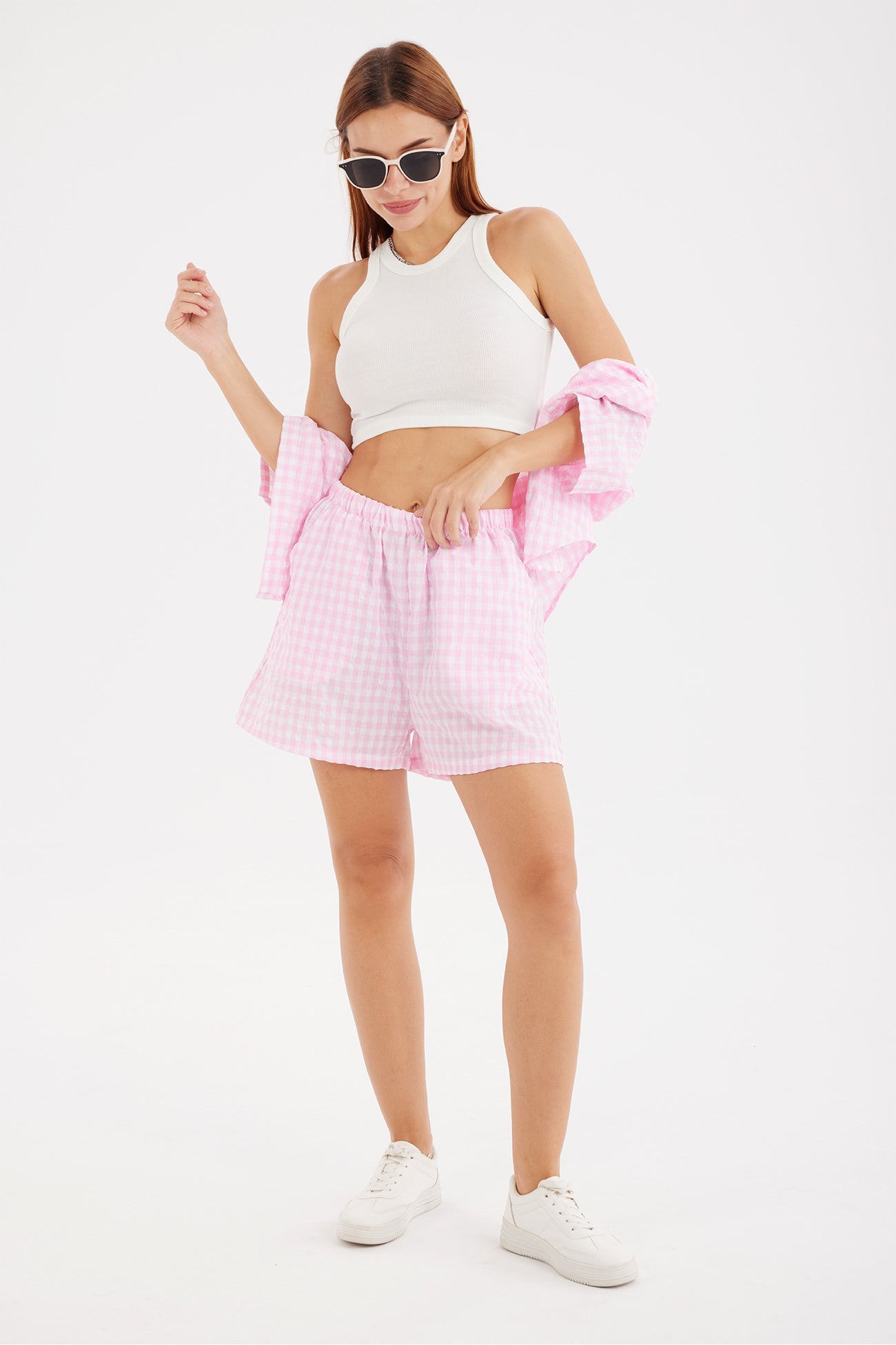 Contrast Plaid Shirt Two Piece Shorts Suits