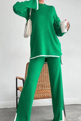 Contrast Slit Knit Top Long Pants Suits