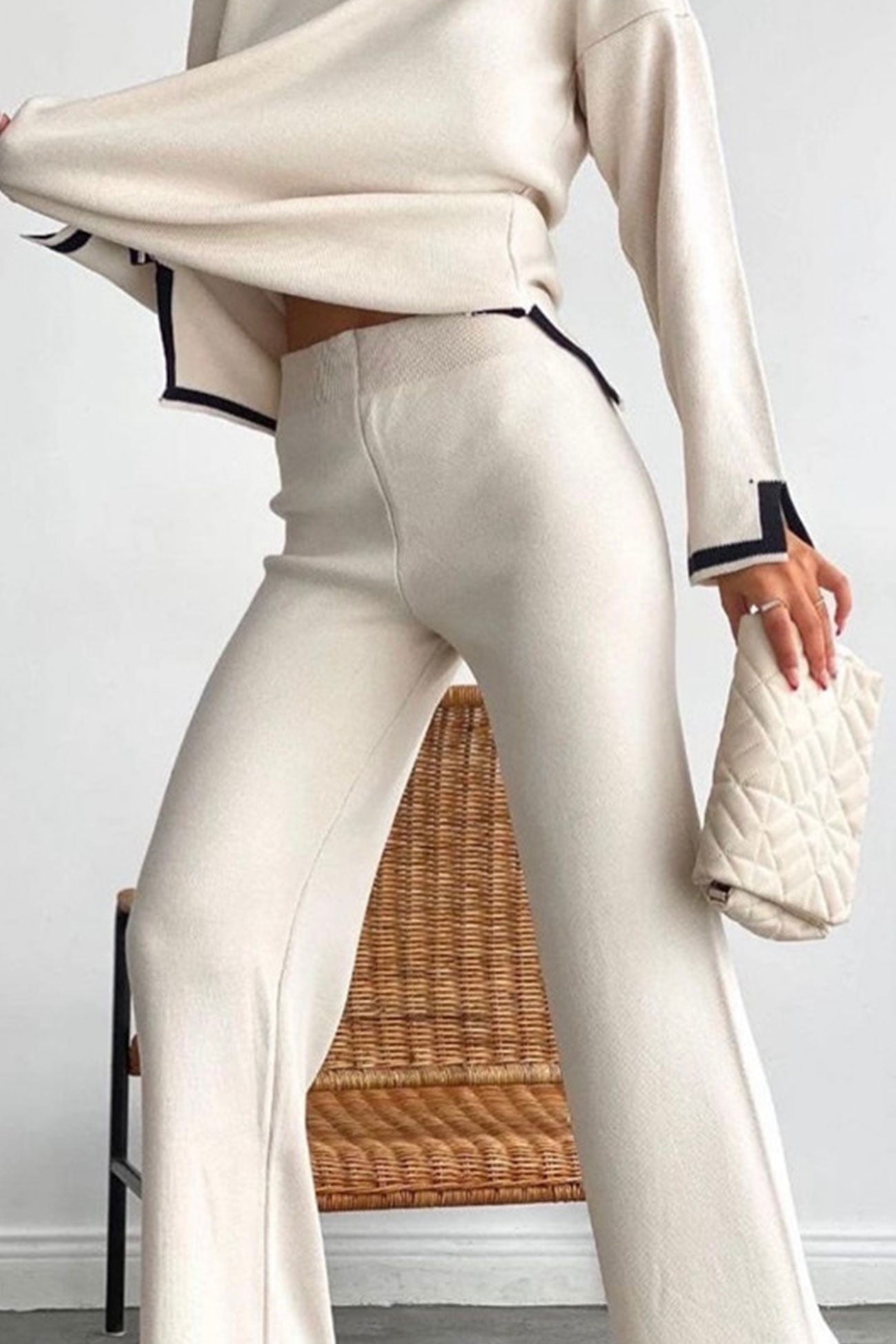 Contrast Slit Knit Top Long Pants Suits