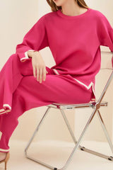 Contrast Slit Knit Top Long Pants Suits