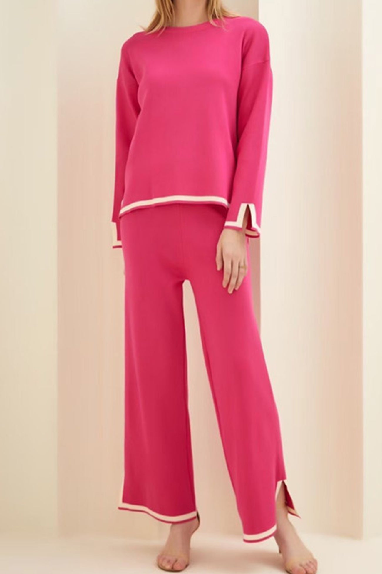 Contrast Slit Knit Top Long Pants Suits